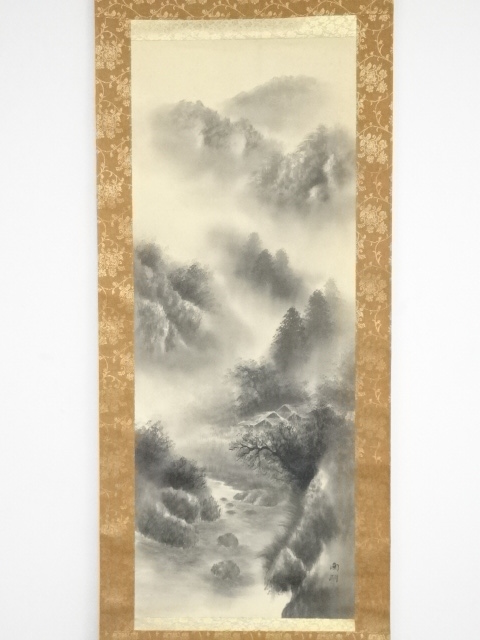 道具 ] - 道具 南湖筆 水墨山水 肉筆絹本掛軸（共箱） | ネット